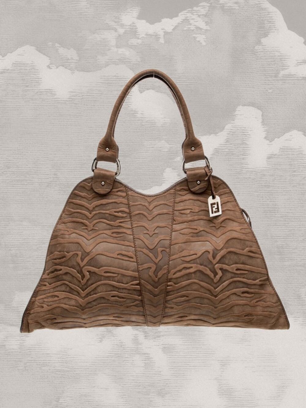 FENDI Rare Devil Trapezio Bag Large Tiger Embossed Leather 2003 Brown
